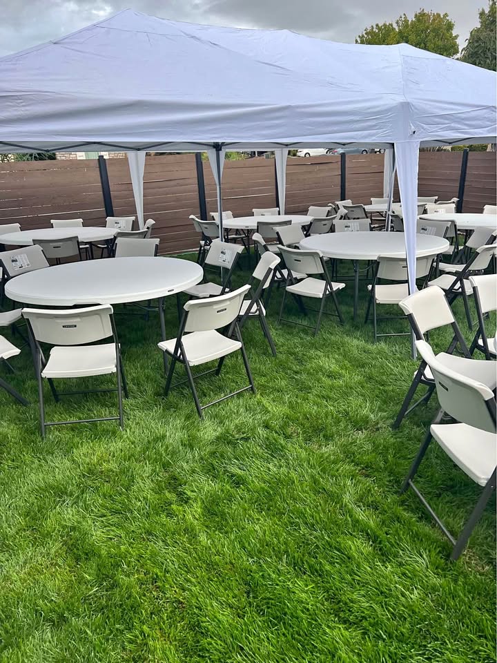 Outdoor Round Tables, Chairs, and Tents for 100