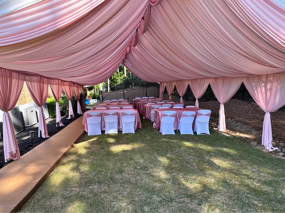 Pink Outdoor Tent with Tables and Chairs – Tea Party Ready
