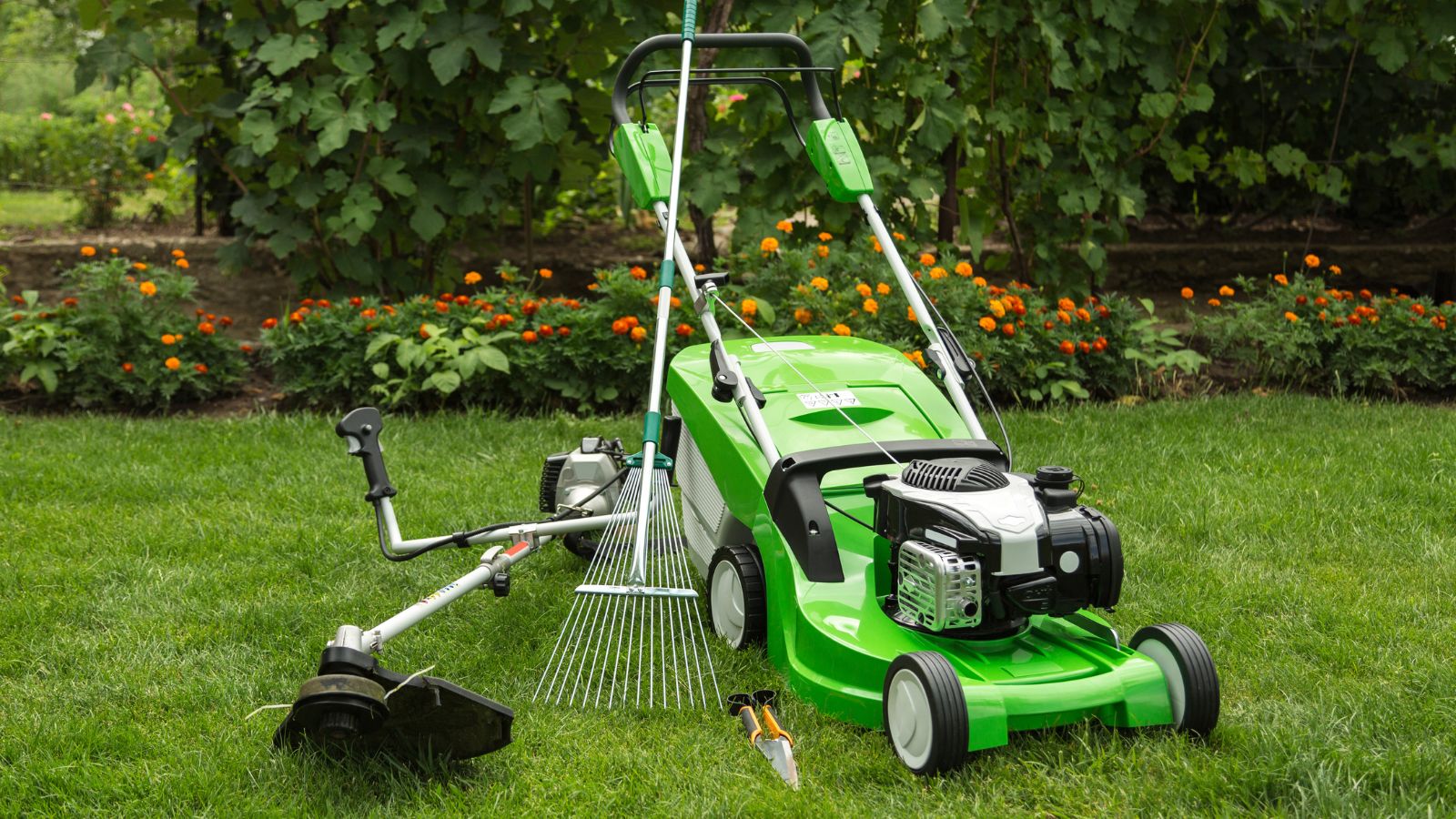 Lawn Mower, Trimmer, Rake, and Shears Bundle